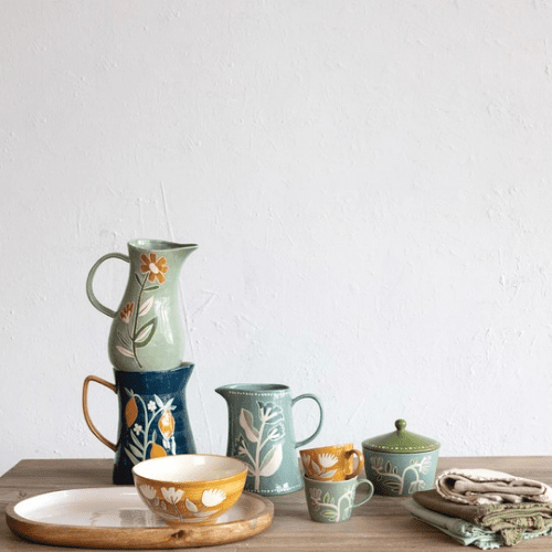 Hand - Painted Stoneware Canister w/ Wax Relief Flowers - Market 12