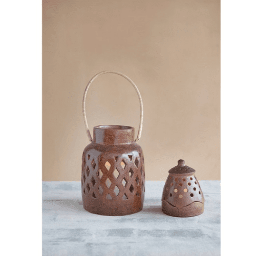 Handmade Terracotta Lantern with Cut - Outs and Lid, Reactive Glaze - Market 12