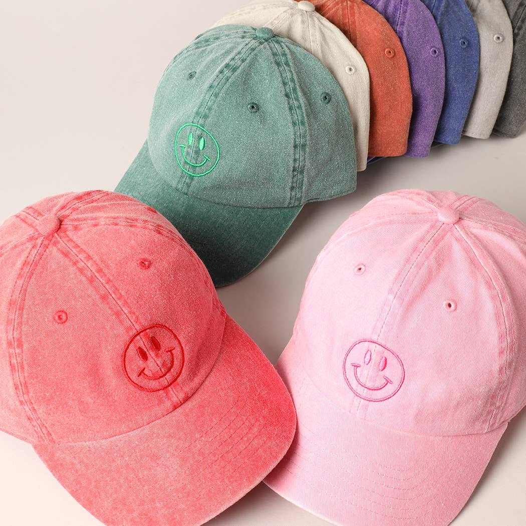 Happy Face Embroidered Cotton Baseball Cap: Black, ONE SIZE - Market 12