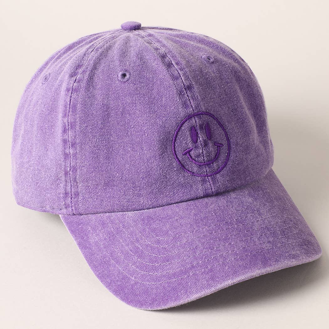 Happy Face Embroidered Cotton Baseball Cap: Black, ONE SIZE - Market 12