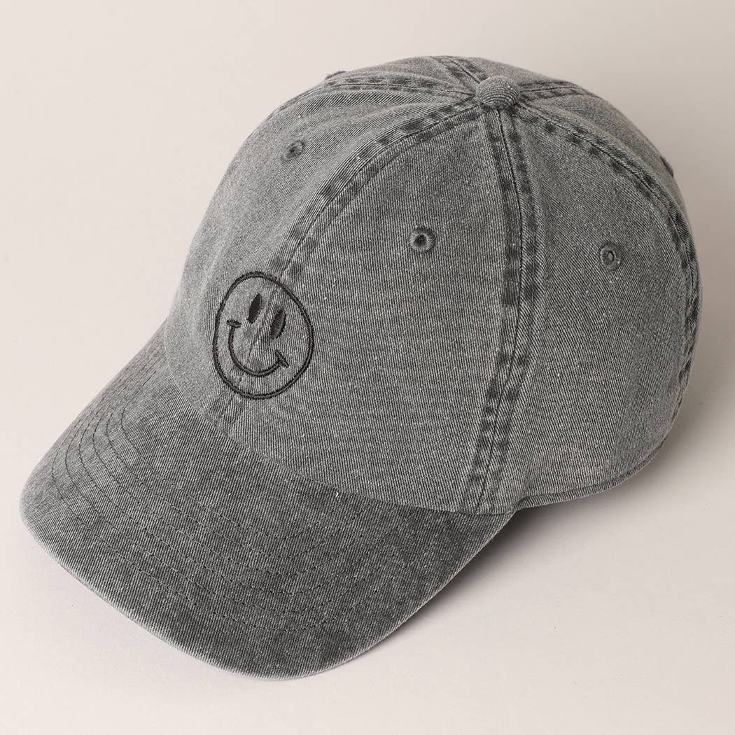 Happy Face Embroidered Cotton Baseball Cap: Black, ONE SIZE - Market 12