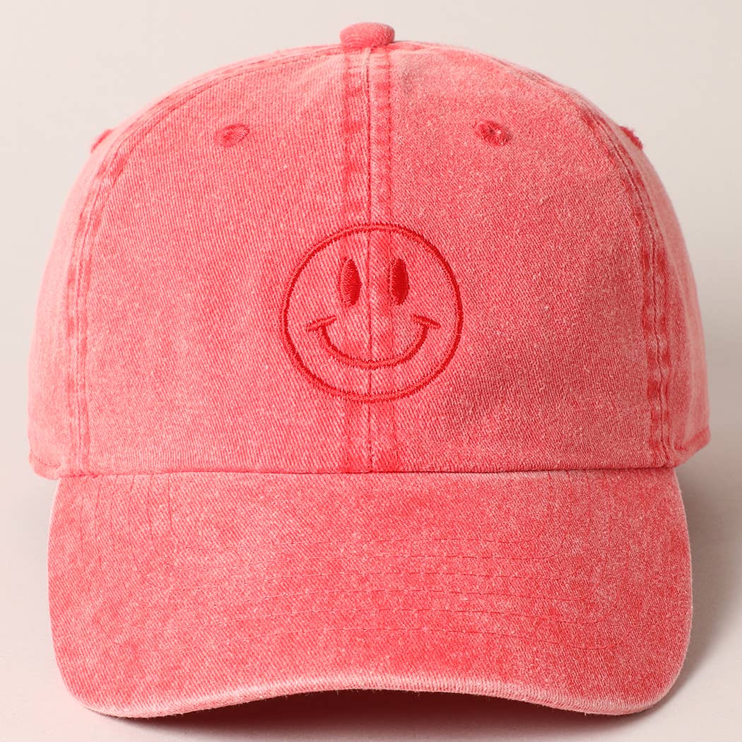 Happy Face Embroidered Cotton Baseball Cap: Black, ONE SIZE - Market 12