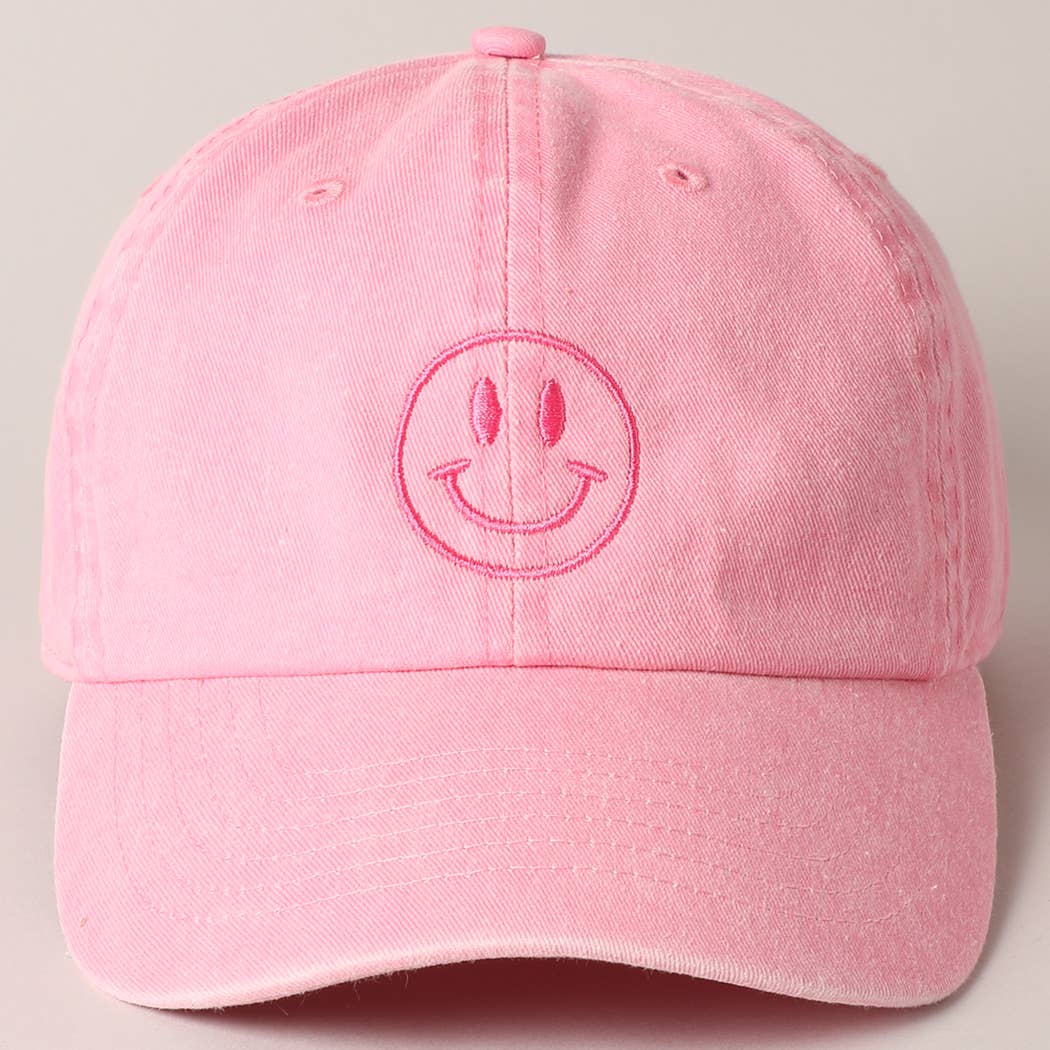 Happy Face Embroidered Cotton Baseball Cap: Black, ONE SIZE - Market 12