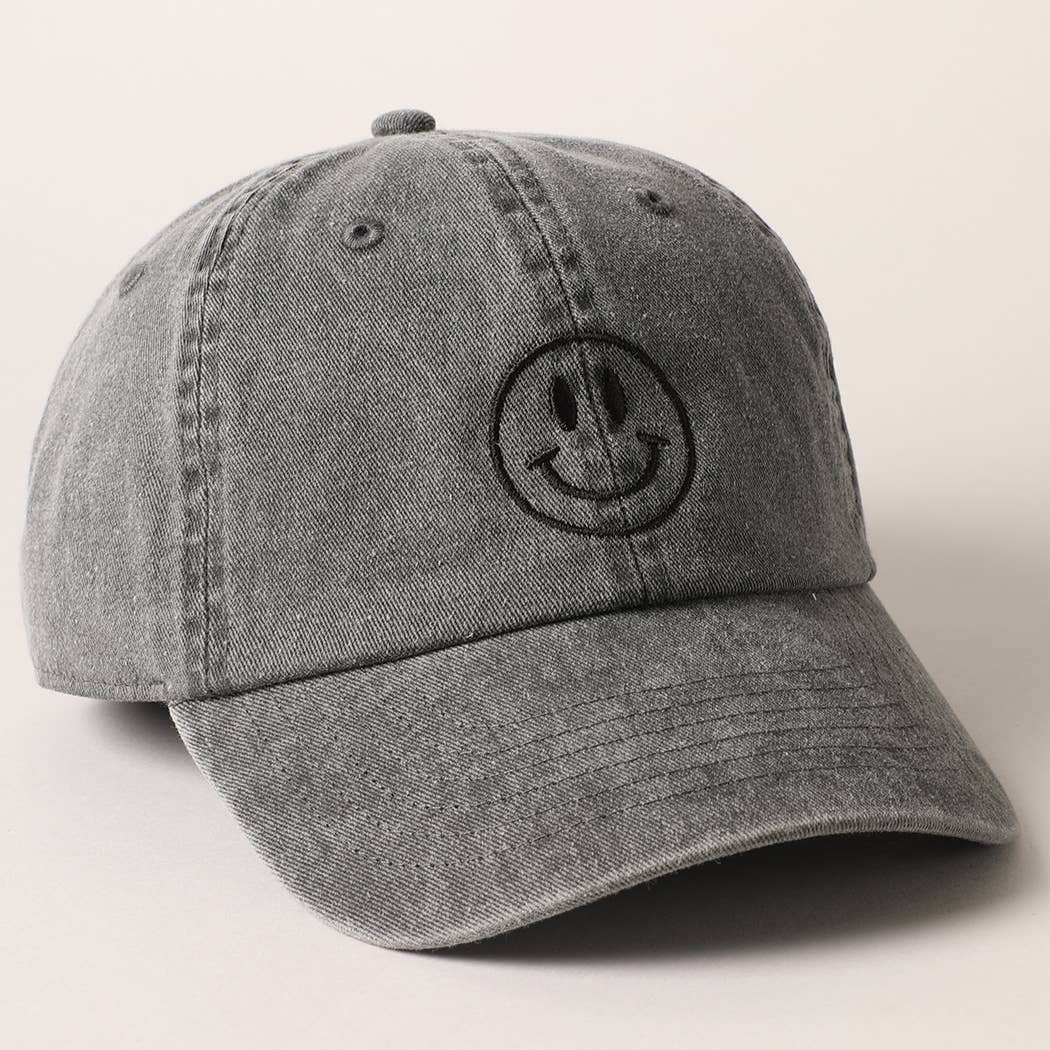 Happy Face Embroidered Cotton Baseball Cap: Black, ONE SIZE - Market 12