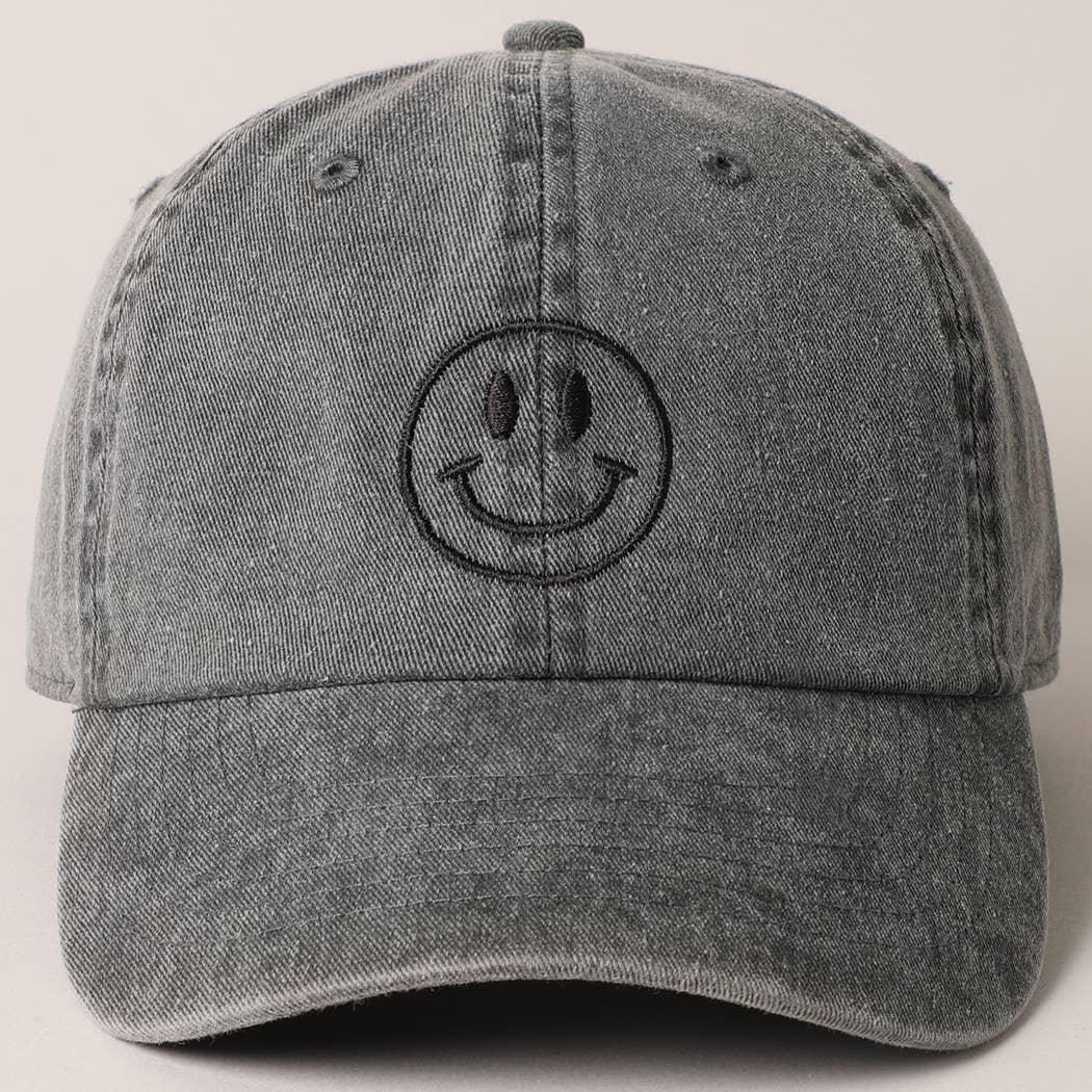 Happy Face Embroidered Cotton Baseball Cap: Black, ONE SIZE - Market 12