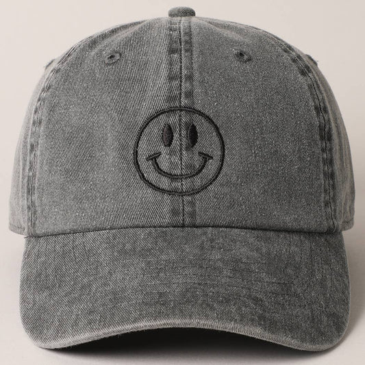 Happy Face Embroidered Cotton Baseball Cap: Black, ONE SIZE - Market 12