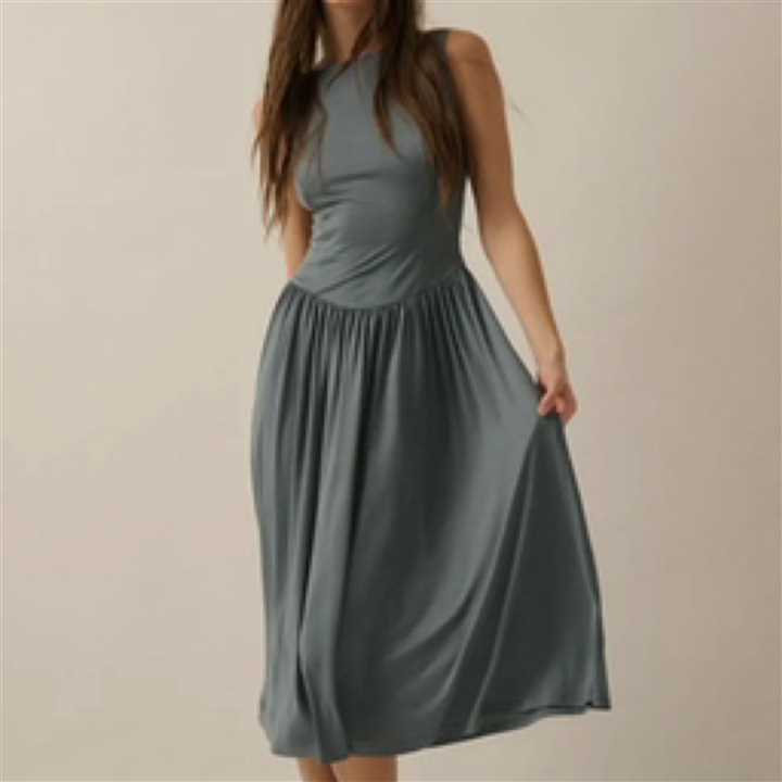 Knit Boat neck Drop - Waist Midi Dress Teal Blue - Market 12