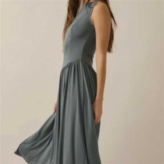Knit Boat neck Drop - Waist Midi Dress Teal Blue - Market 12