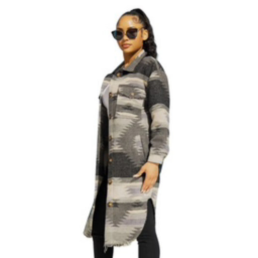 L Black LONG TRIBAL AZTEC BUTTON DOWN SHIRT JACKET SHACKET: Black - Market 12