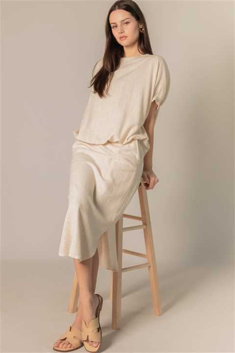 Linen P.CILL 3/4 Sleeve Round Neck Elastic Waistband Top: Natural - Market 12