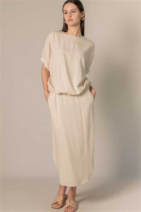 Linen P.CILL 3/4 Sleeve Round Neck Elastic Waistband Top: Natural - Market 12