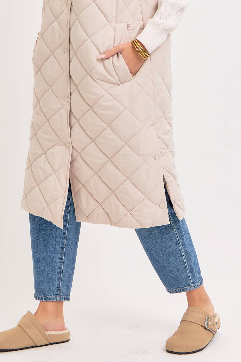Long Puffer Vest, Diamond Quilted, Sand, Contemporary
