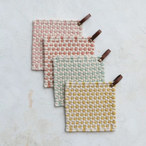 Cotton Crocheted Pot Holder w/ Leather Loop, 4 Styles
