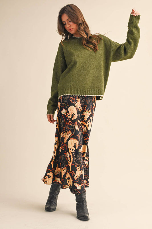 Scalloped Edge Knit Sweater in Olive,