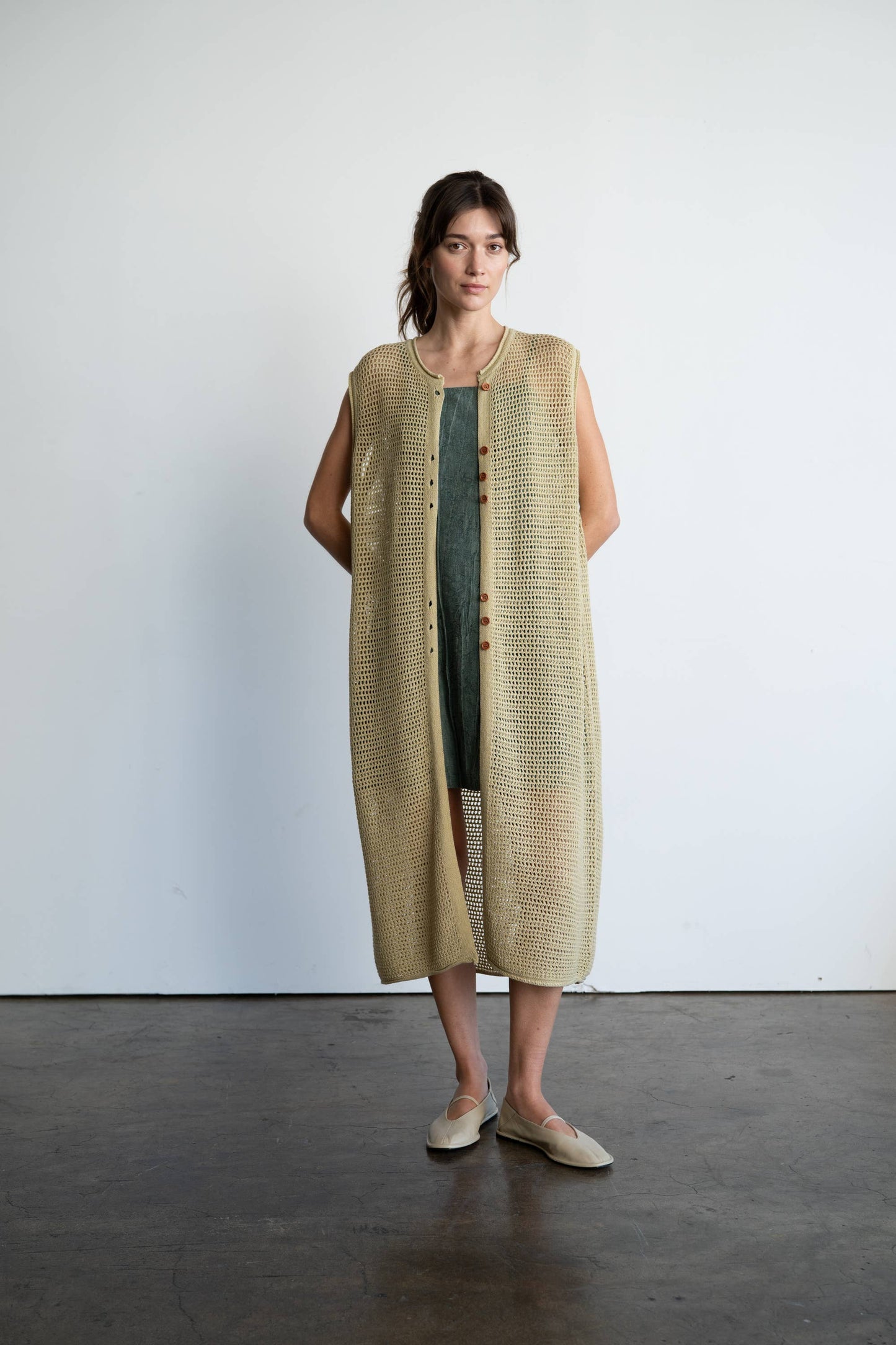 Breathable Long Crochet Cardigan in Pear, Contemporary