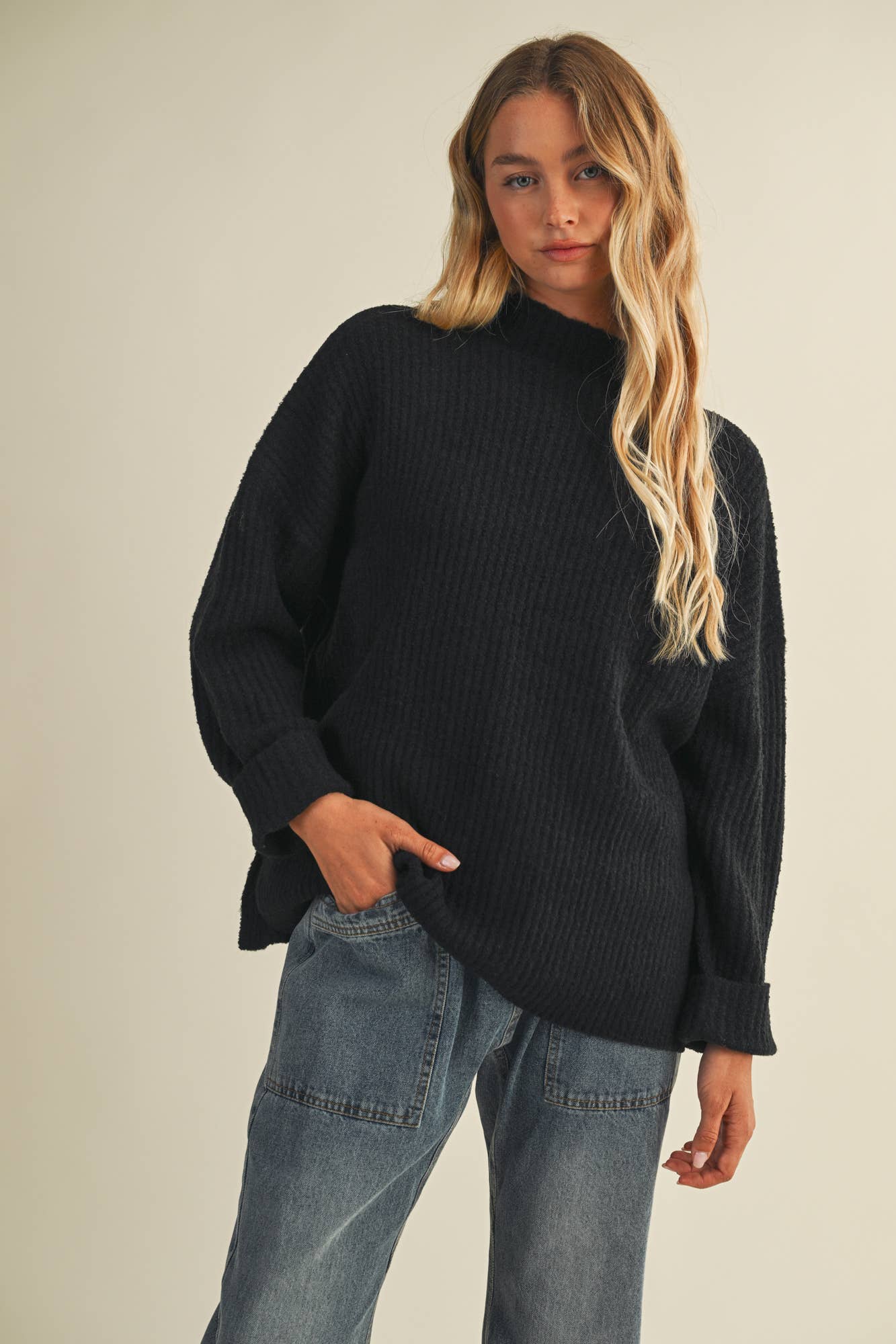Mock Neck Oversized Sweater Top: Black