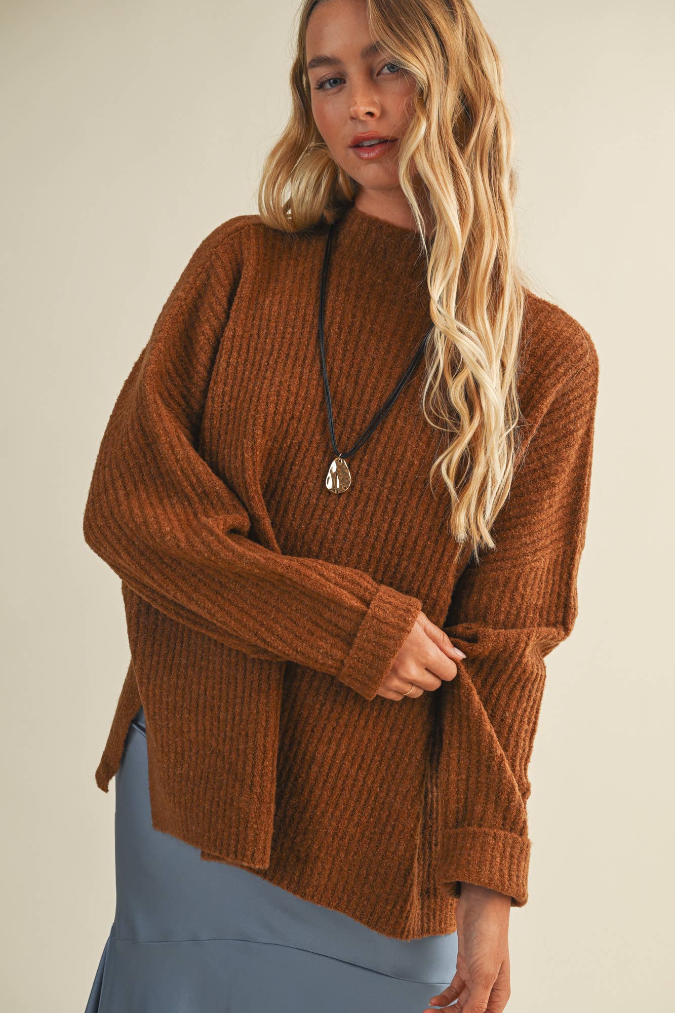 Mock Neck Oversized Sweater Top: Ginger