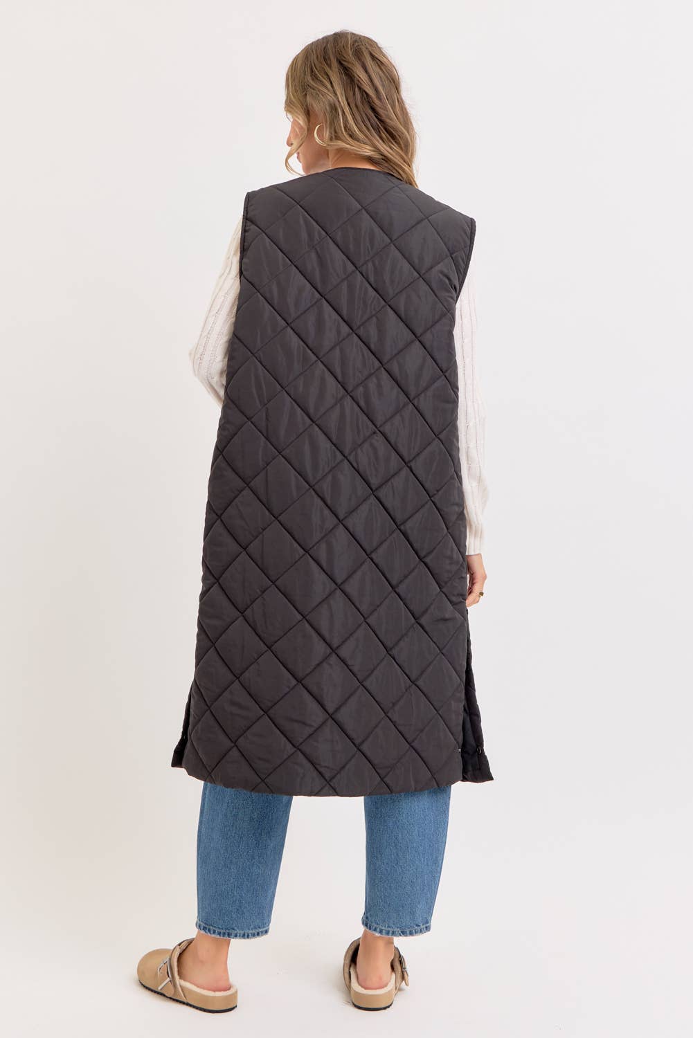 Long Puffer Vest, Diamond Quilted, Sand, Contemporary