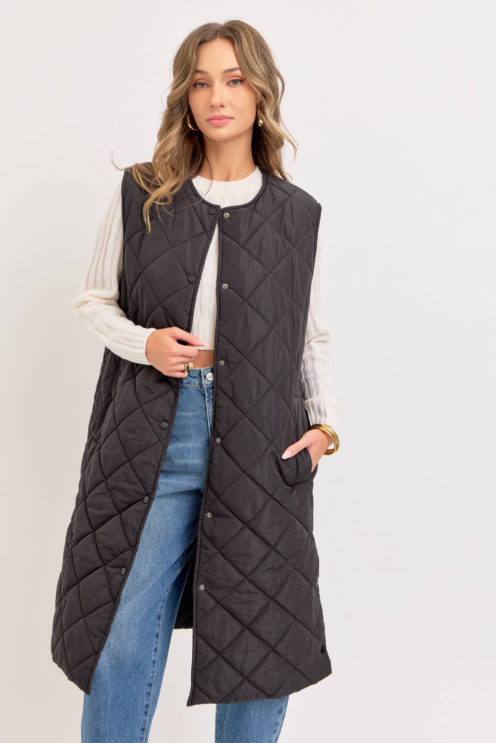 Long Puffer Vest, Diamond Quilted, Sand, Contemporary