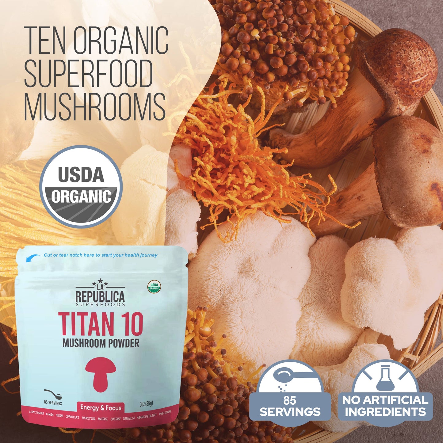 Organic Titan 10 Full-Fruiting Mushroom Powder: 3oz Bag