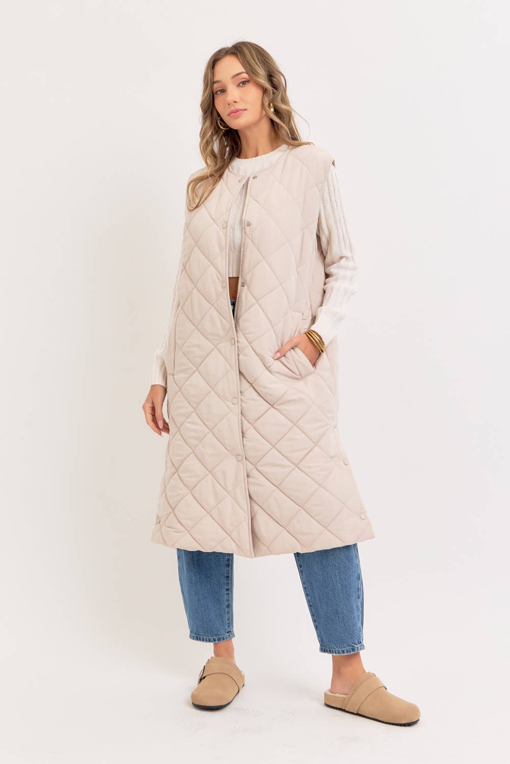 Long Puffer Vest, Diamond Quilted, Sand, Contemporary