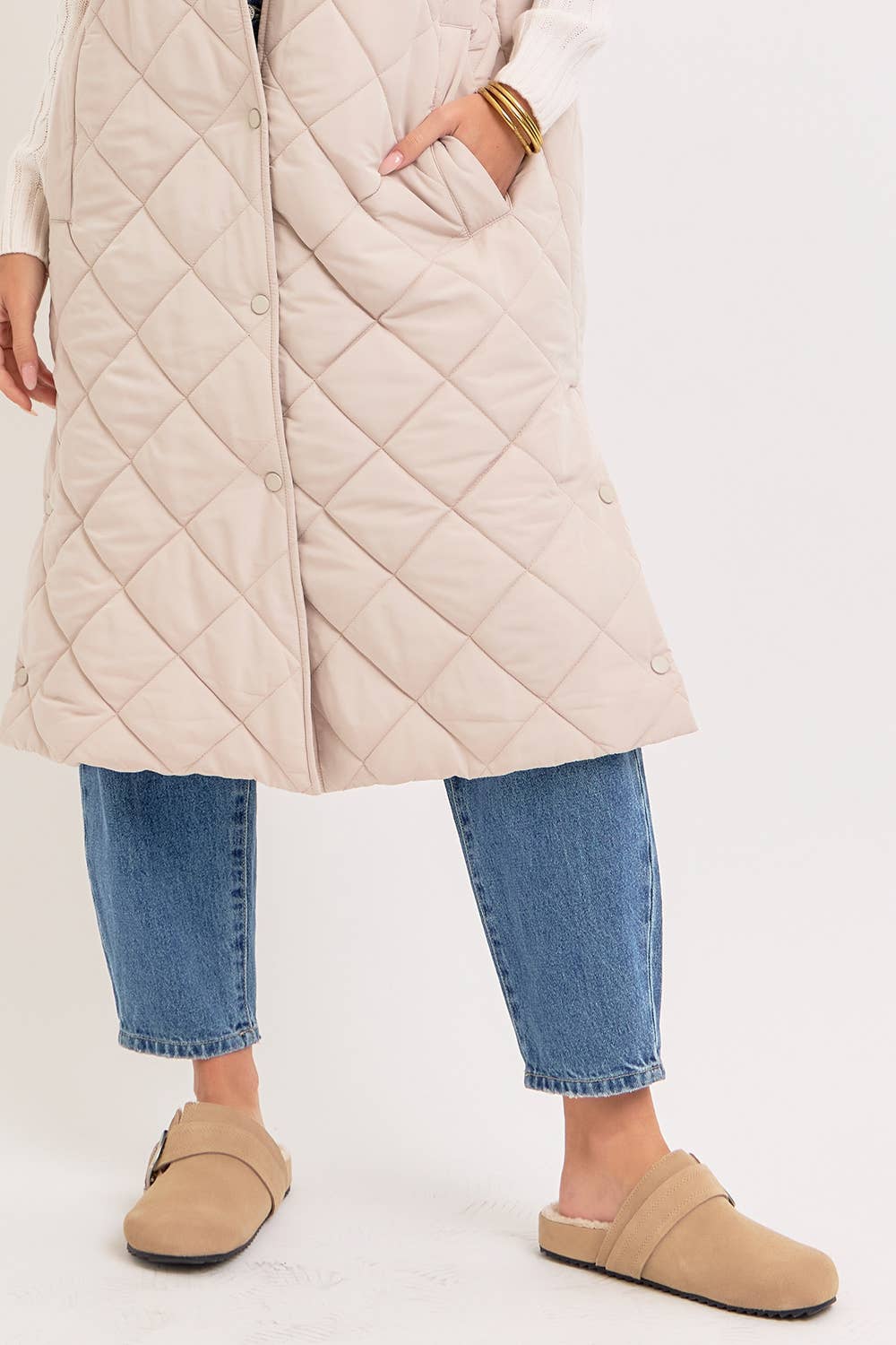 Long Puffer Vest, Diamond Quilted, Sand, Contemporary