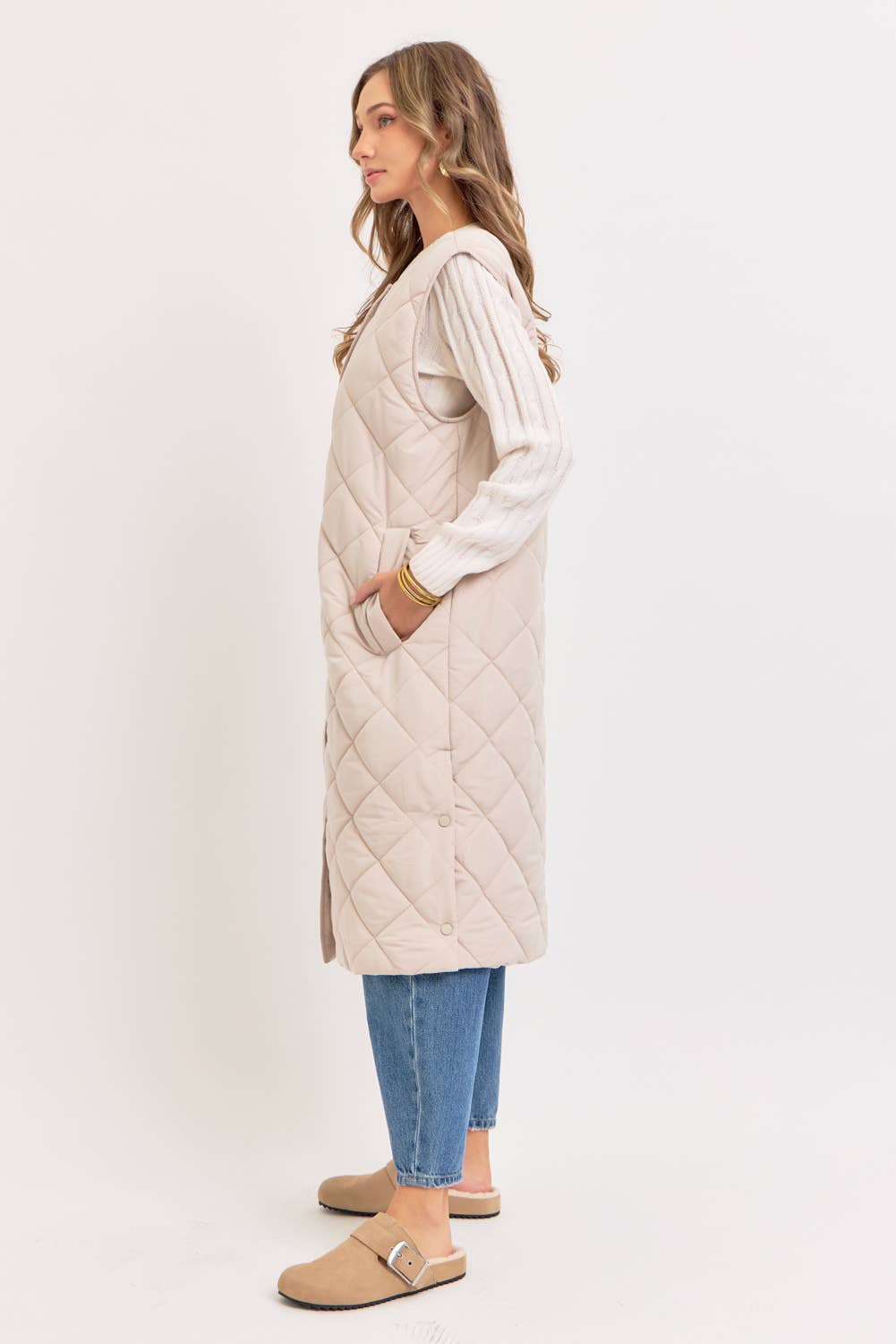 Long Puffer Vest, Diamond Quilted, Sand, Contemporary