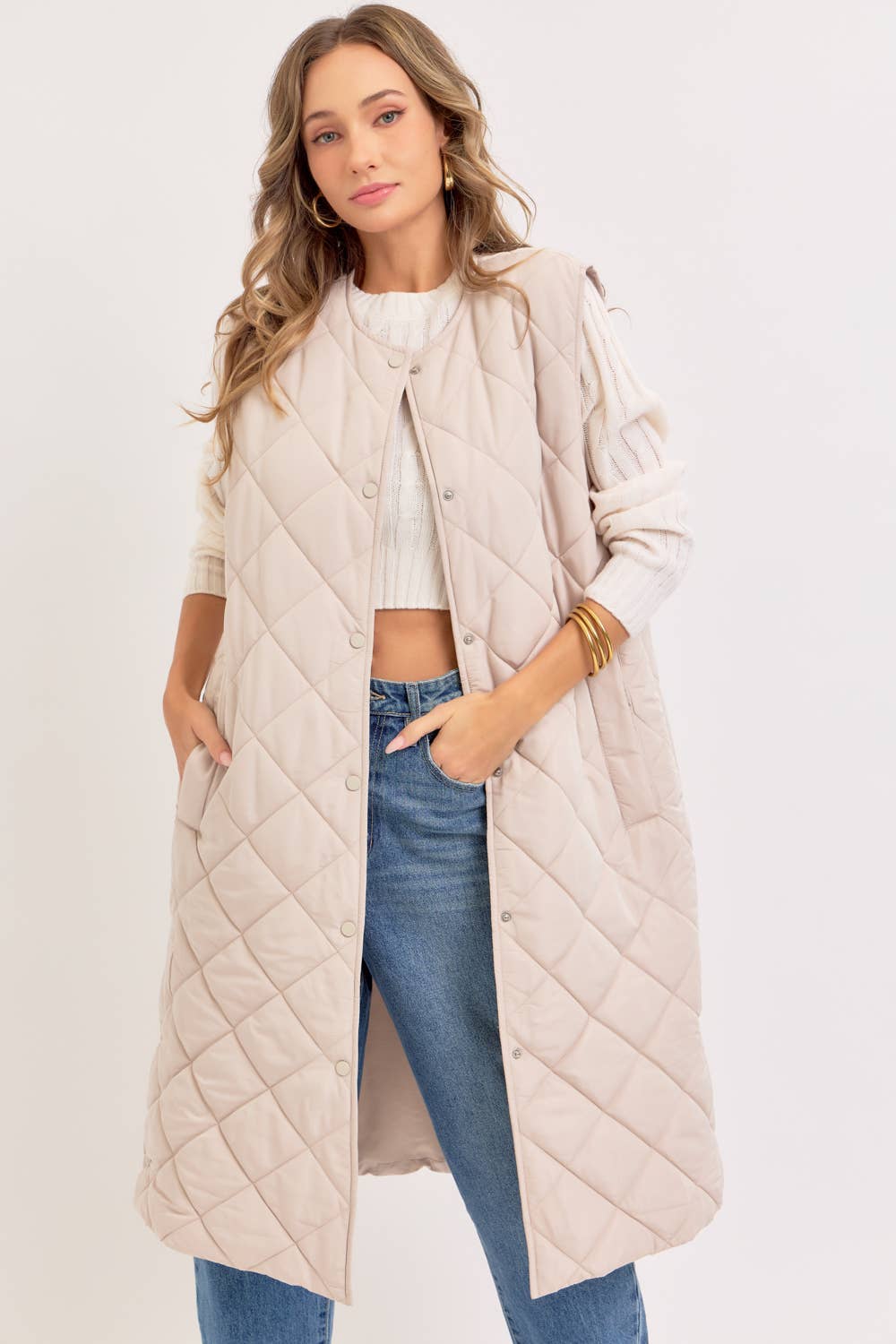Long Puffer Vest, Diamond Quilted, Sand, Contemporary