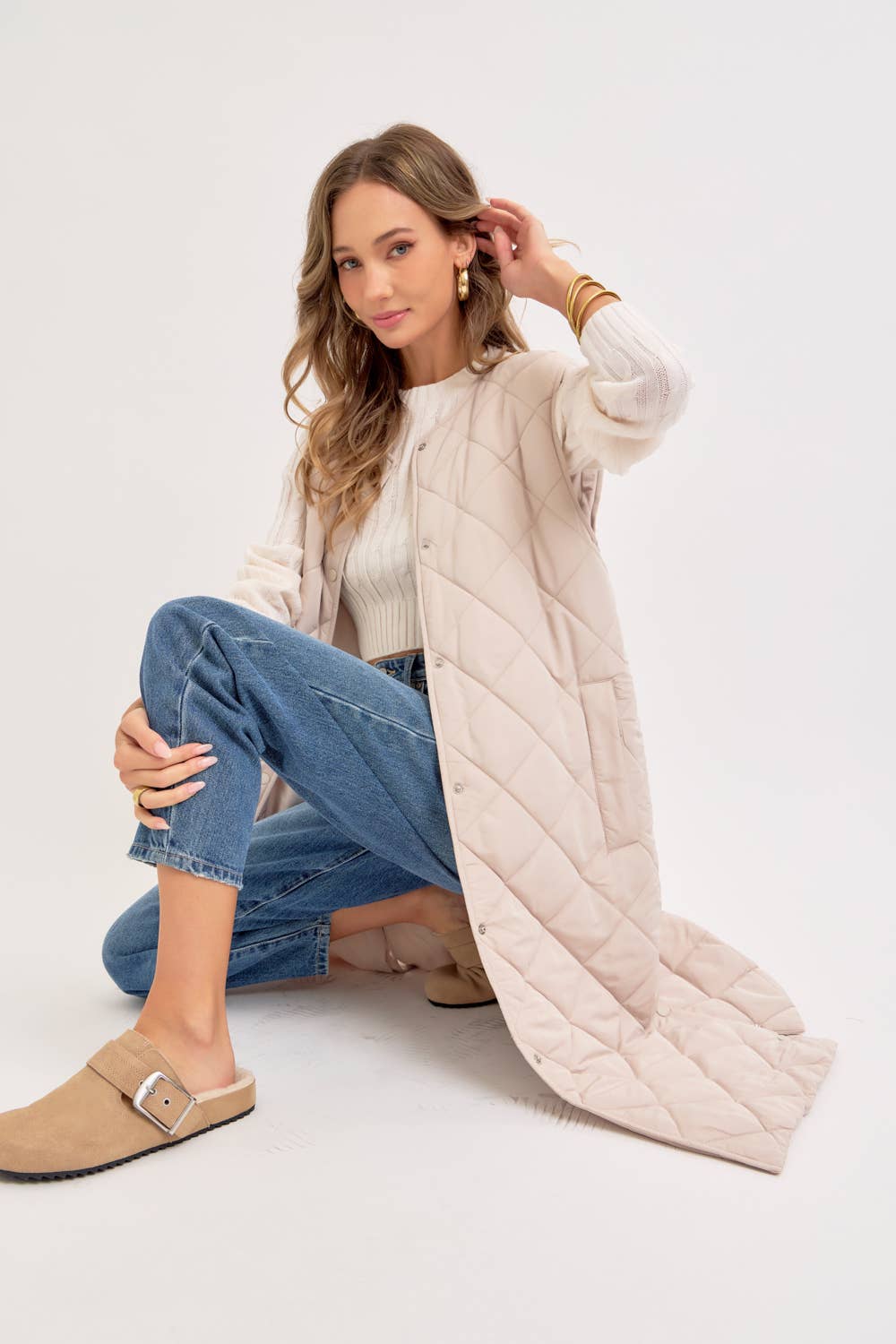 Long Puffer Vest, Diamond Quilted, Sand, Contemporary