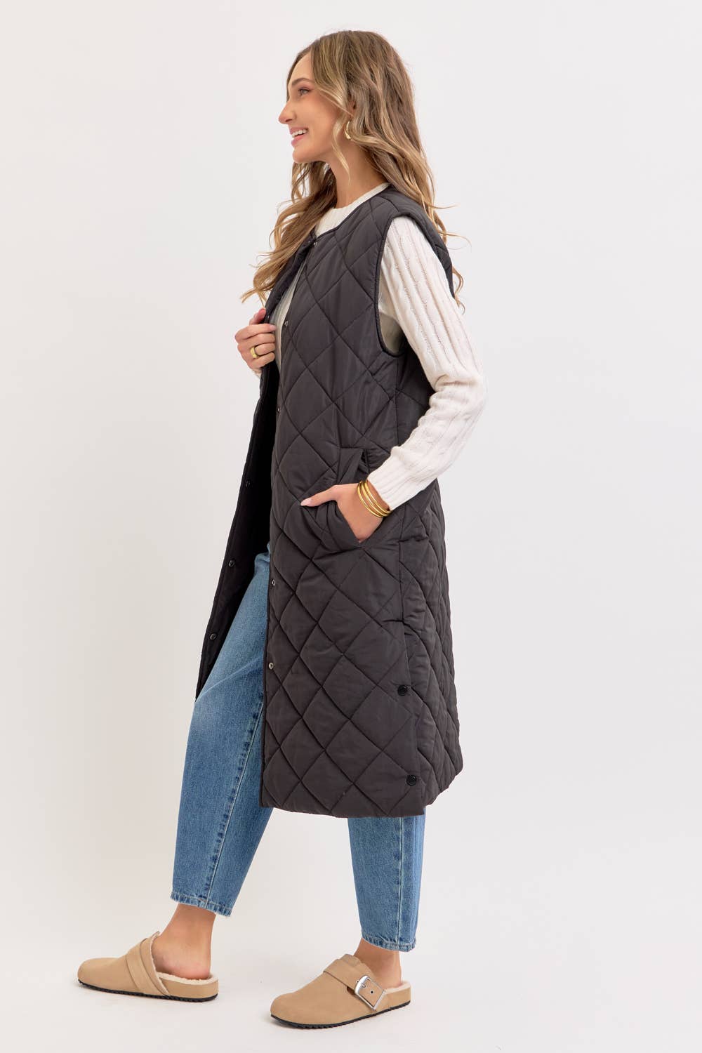Long Puffer Vest, Diamond Quilted, Sand, Contemporary