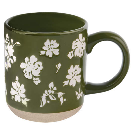 Green Floral Stoneware Coffee Mug