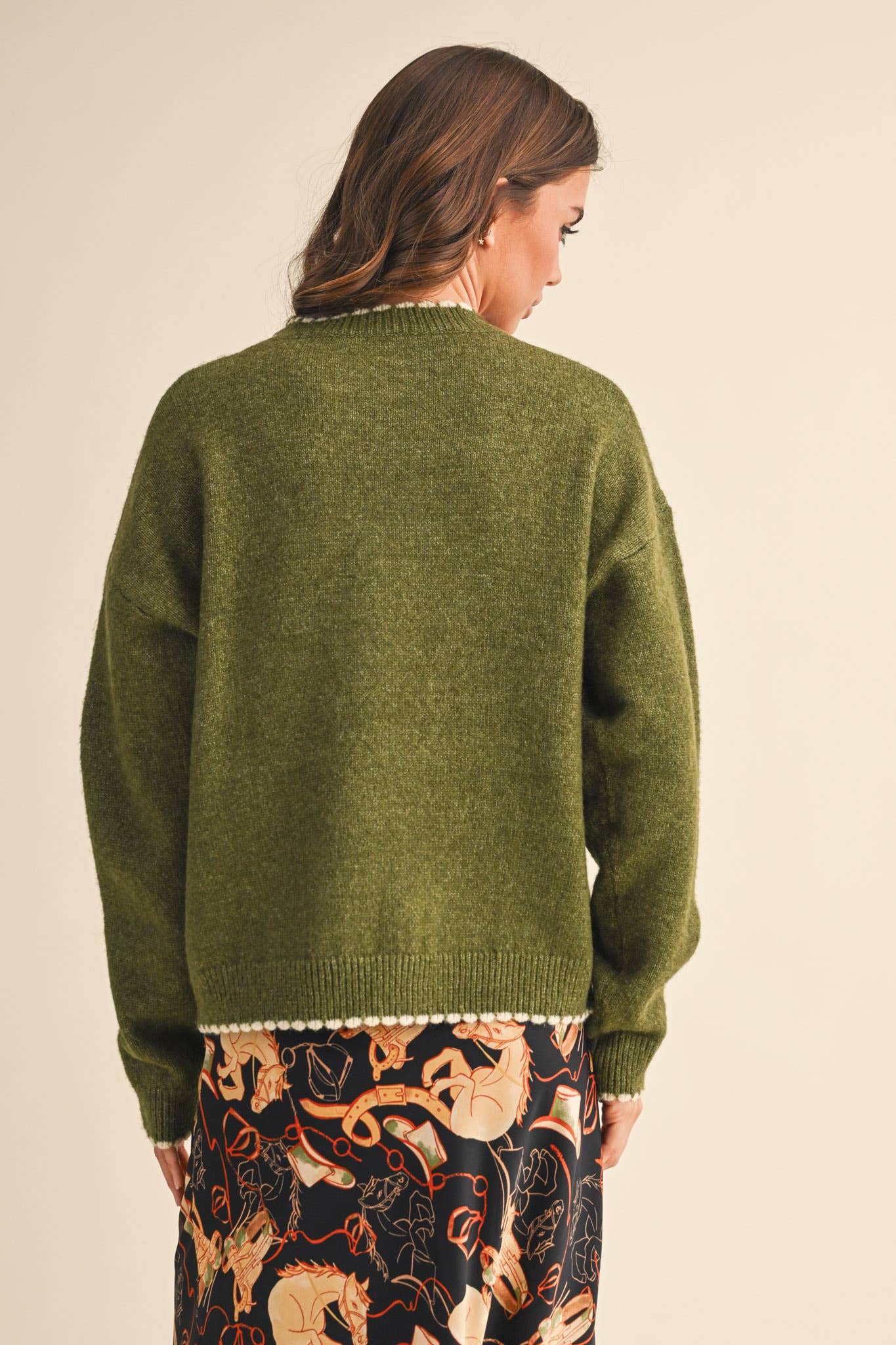Scalloped Edge Knit Sweater in Olive,