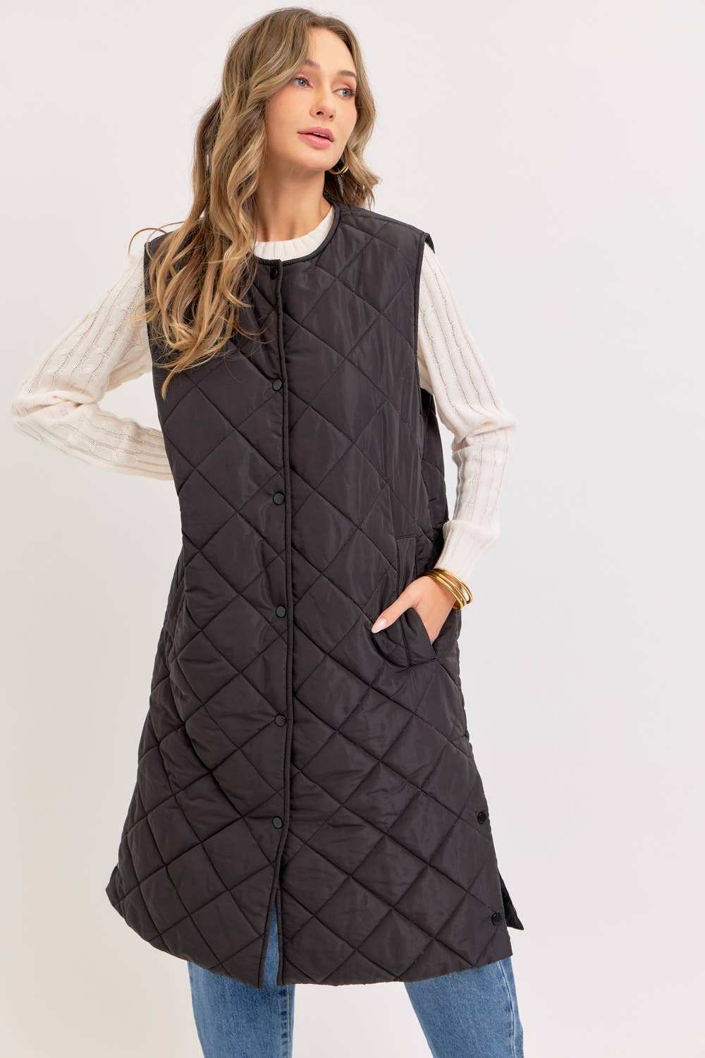 Long Puffer Vest, Diamond Quilted, Sand, Contemporary