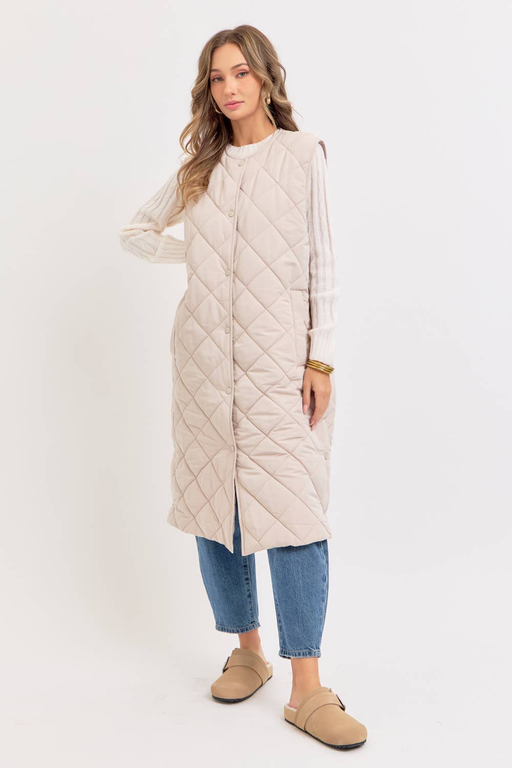 Long Puffer Vest, Diamond Quilted, Sand, Contemporary