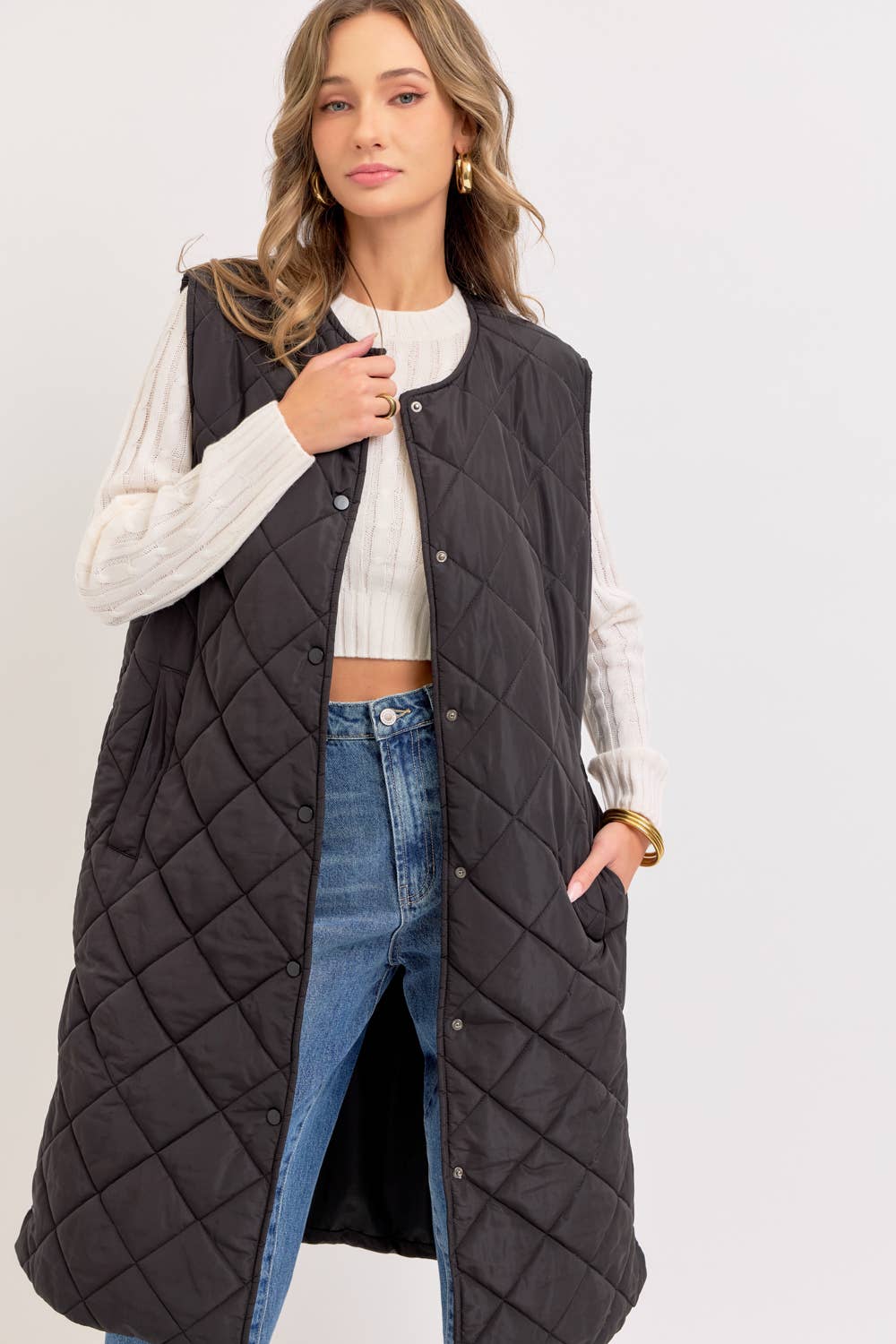Long Puffer Vest, Diamond Quilted, Sand, Contemporary