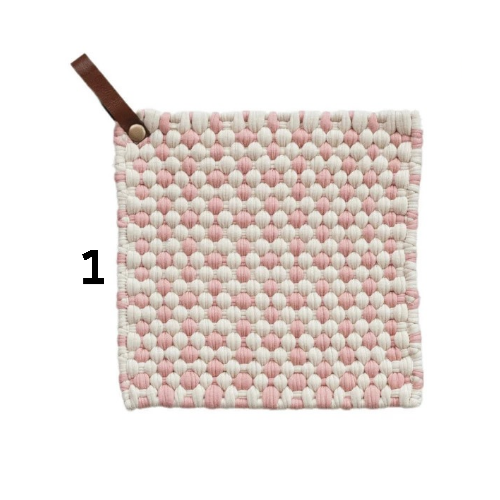 Cotton Crocheted Pot Holder w/ Leather Loop, 4 Styles