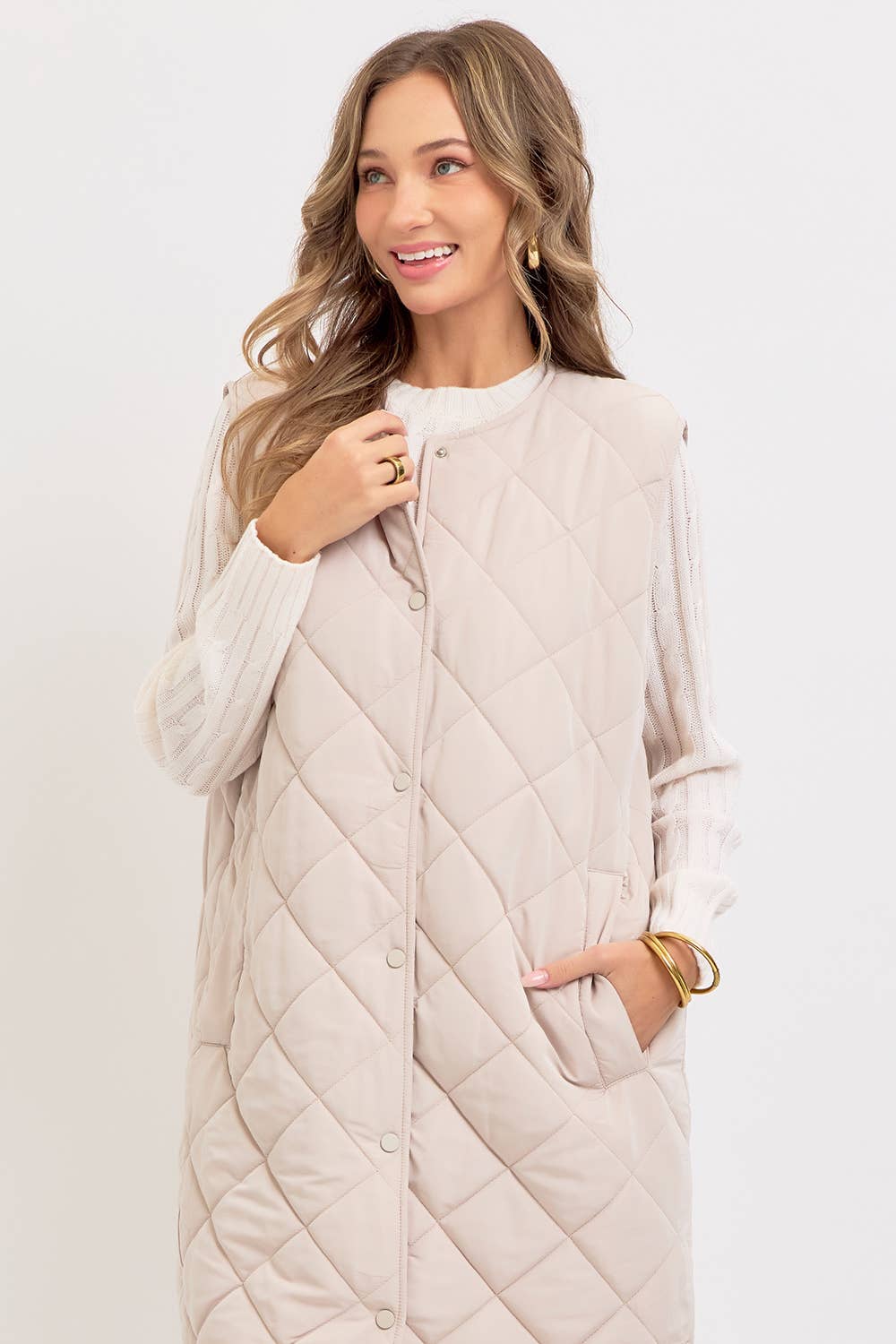 Long Puffer Vest, Diamond Quilted, Sand, Contemporary