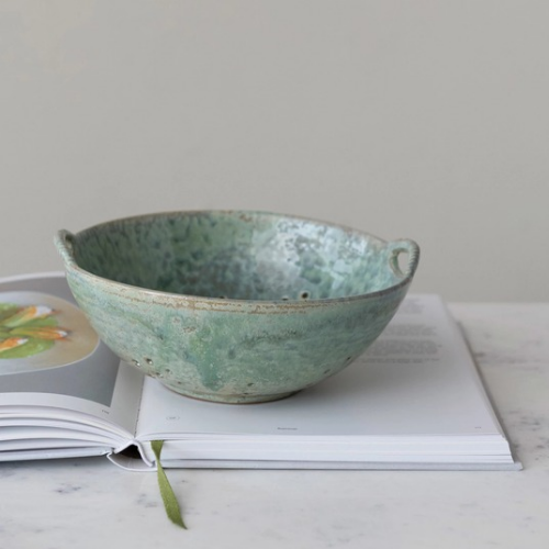 Stoneware Berry Bowl w/ Handles, Aqua (Each One Will Vary)