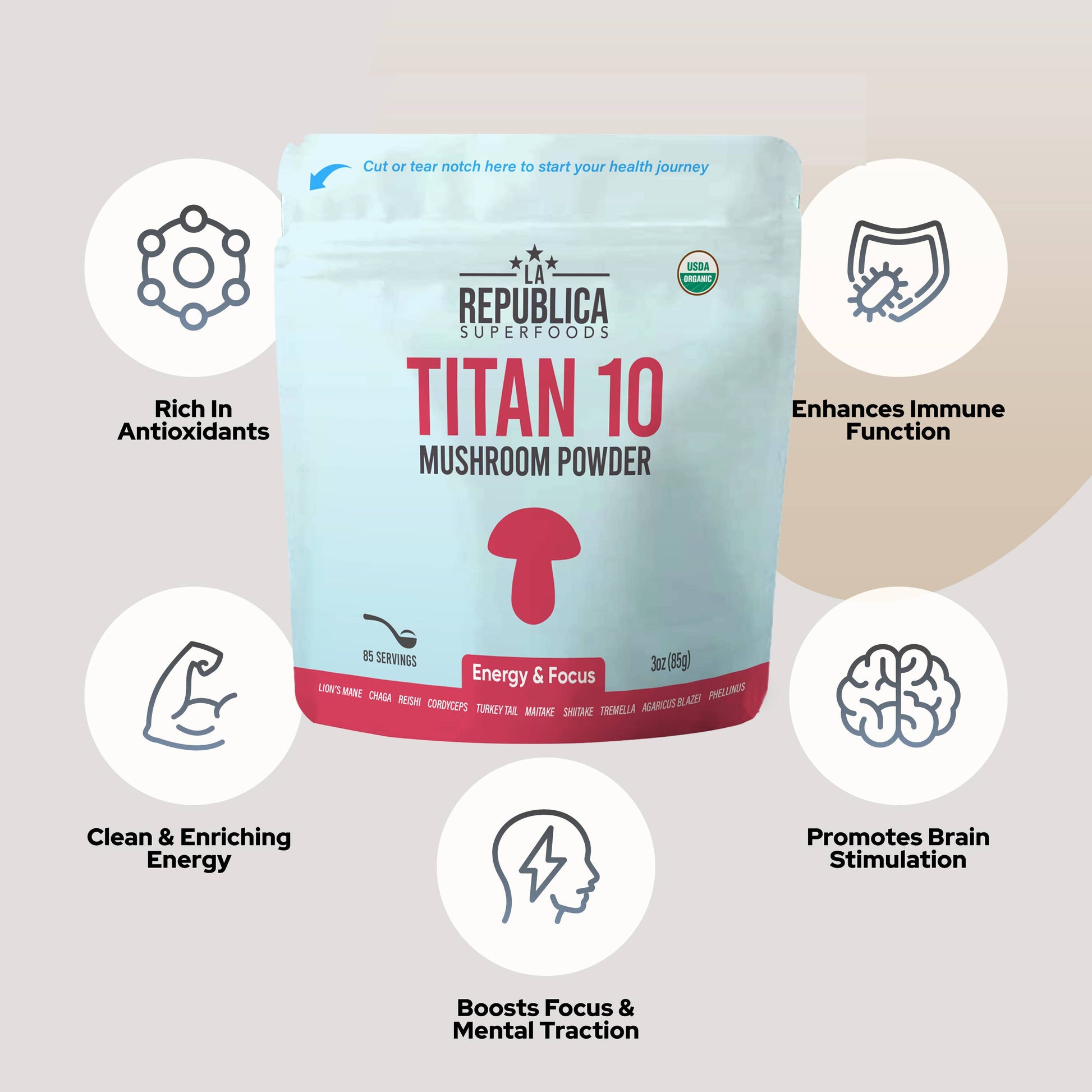 Organic Titan 10 Full-Fruiting Mushroom Powder: 3oz Bag