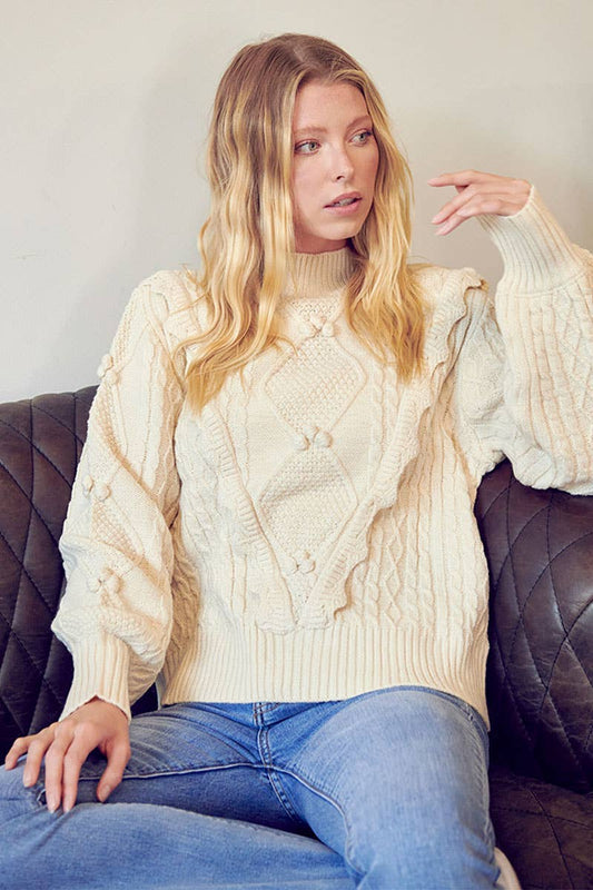 MOCK NECK CABLE KNIT PULLOVER WITH POM POMS IVORY,