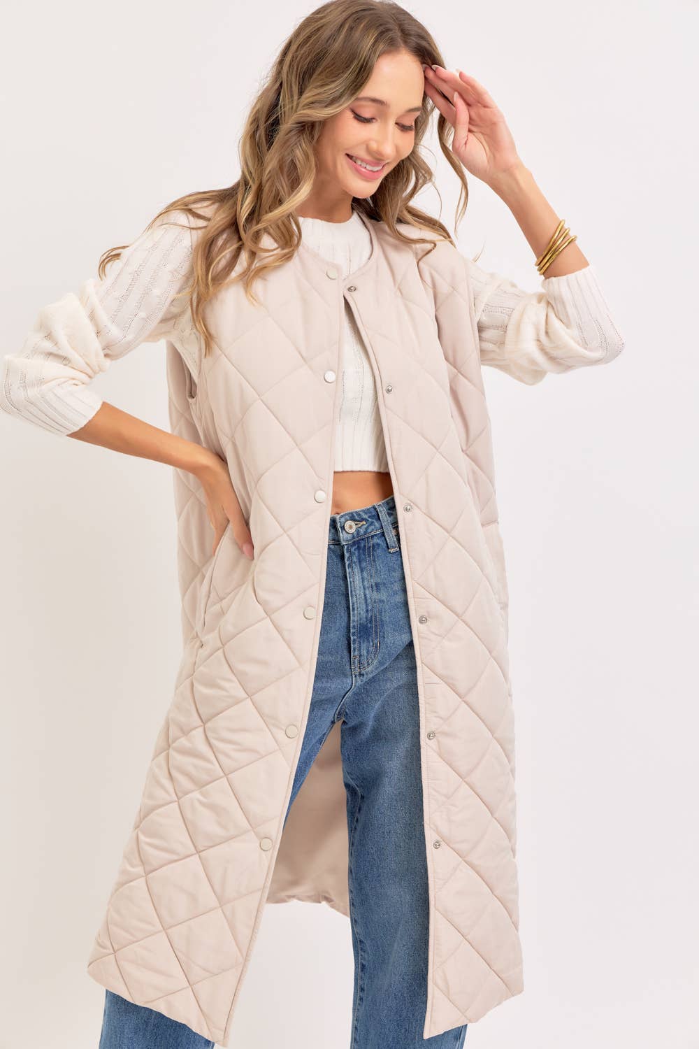 Long Puffer Vest, Diamond Quilted, Sand, Contemporary