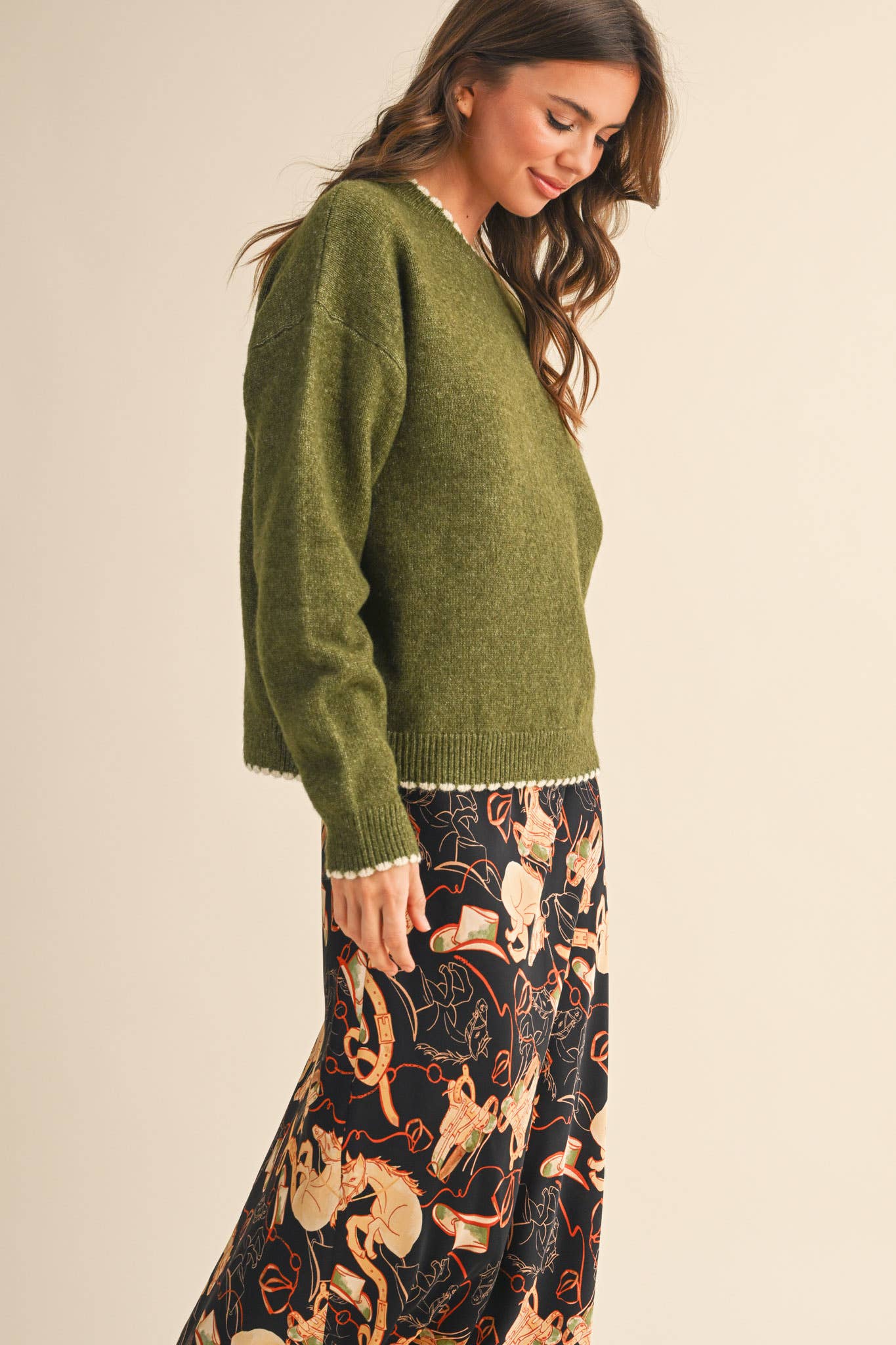 Scalloped Edge Knit Sweater in Olive,