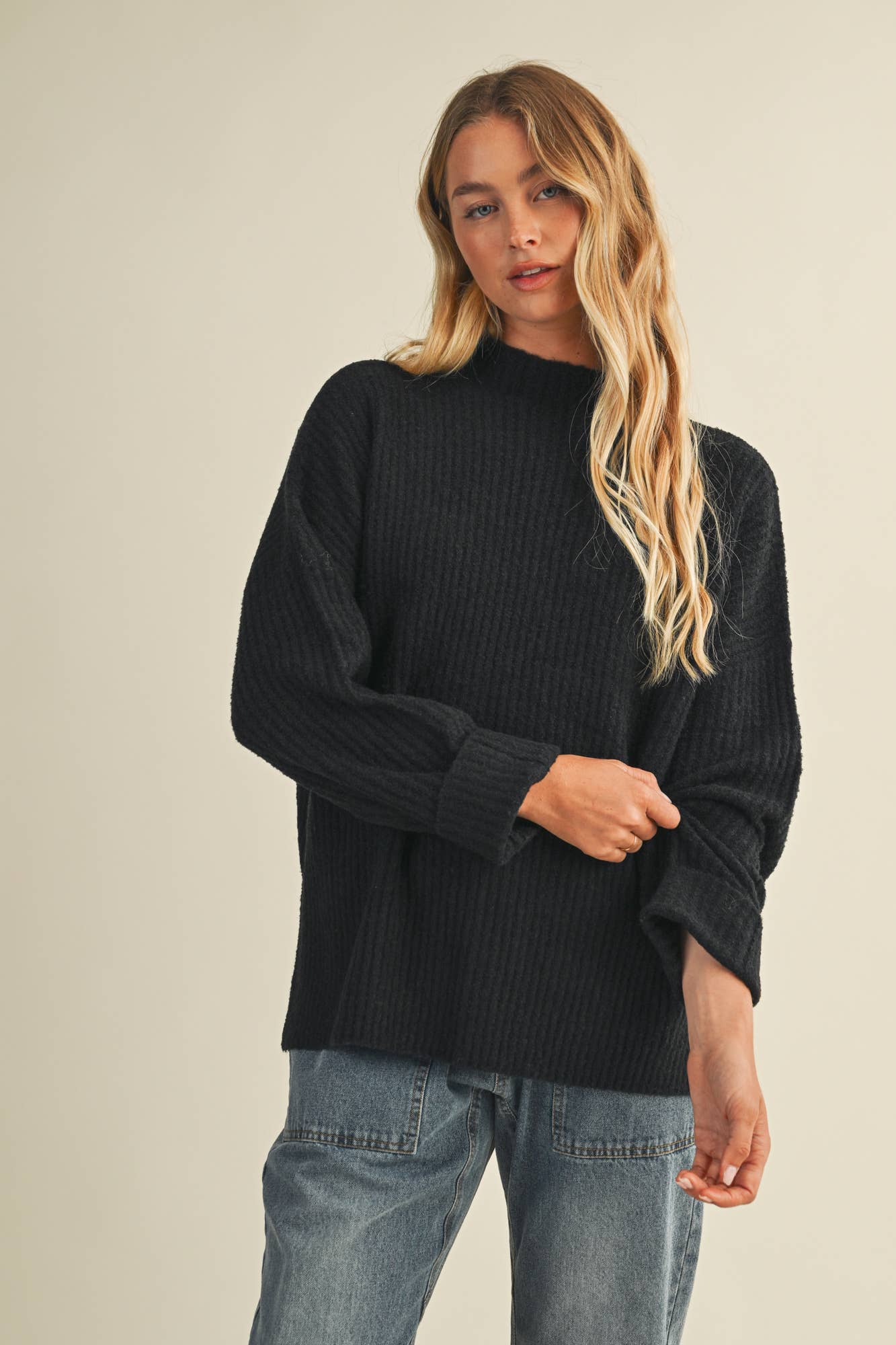 Mock Neck Oversized Sweater Top: Black