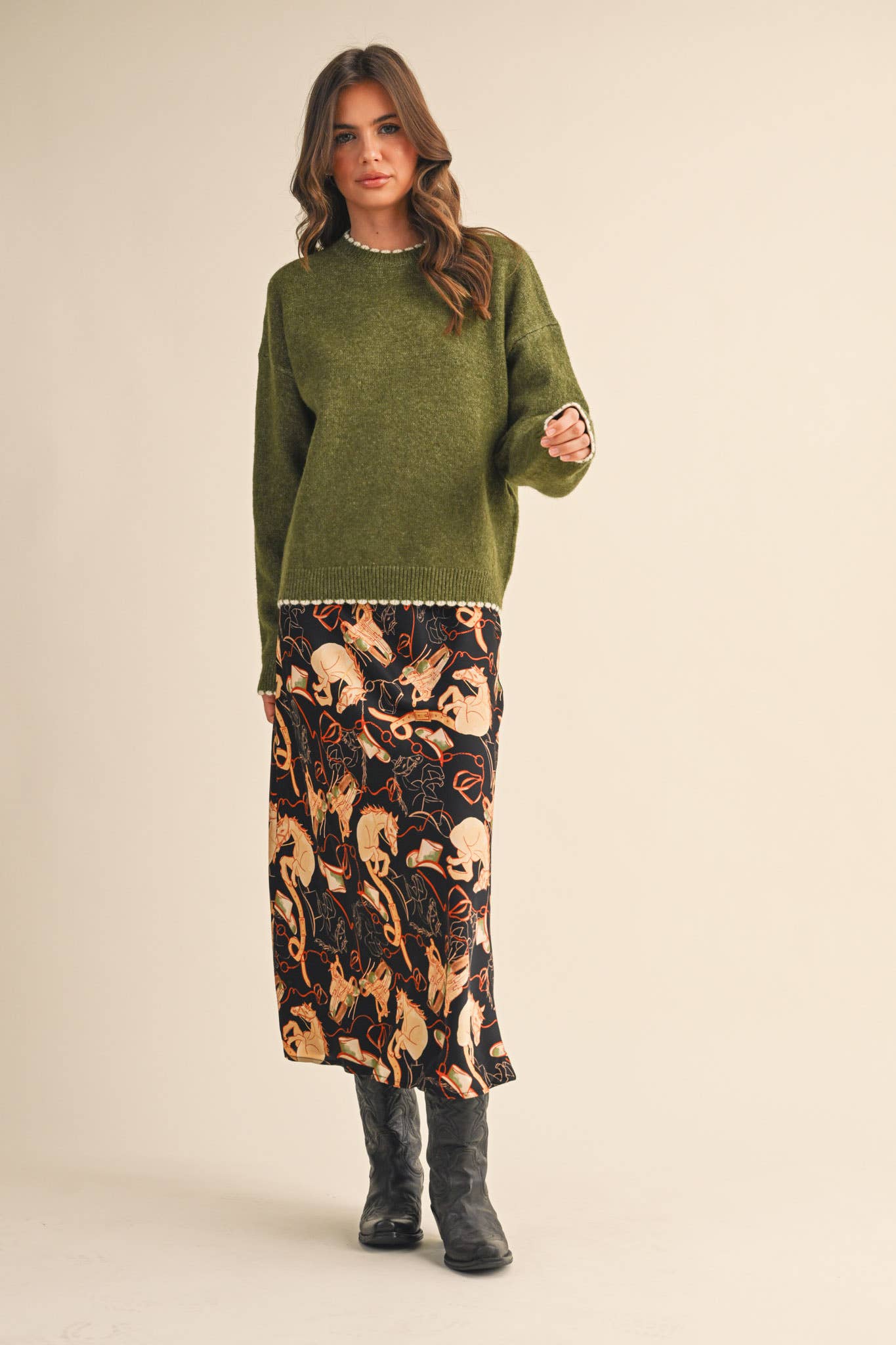 Scalloped Edge Knit Sweater in Olive,