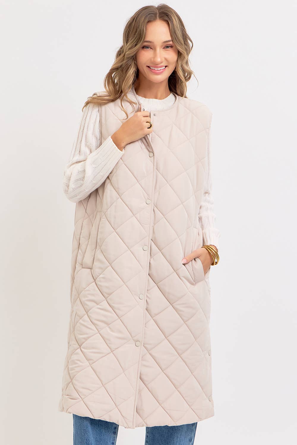 Long Puffer Vest, Diamond Quilted, Sand, Contemporary