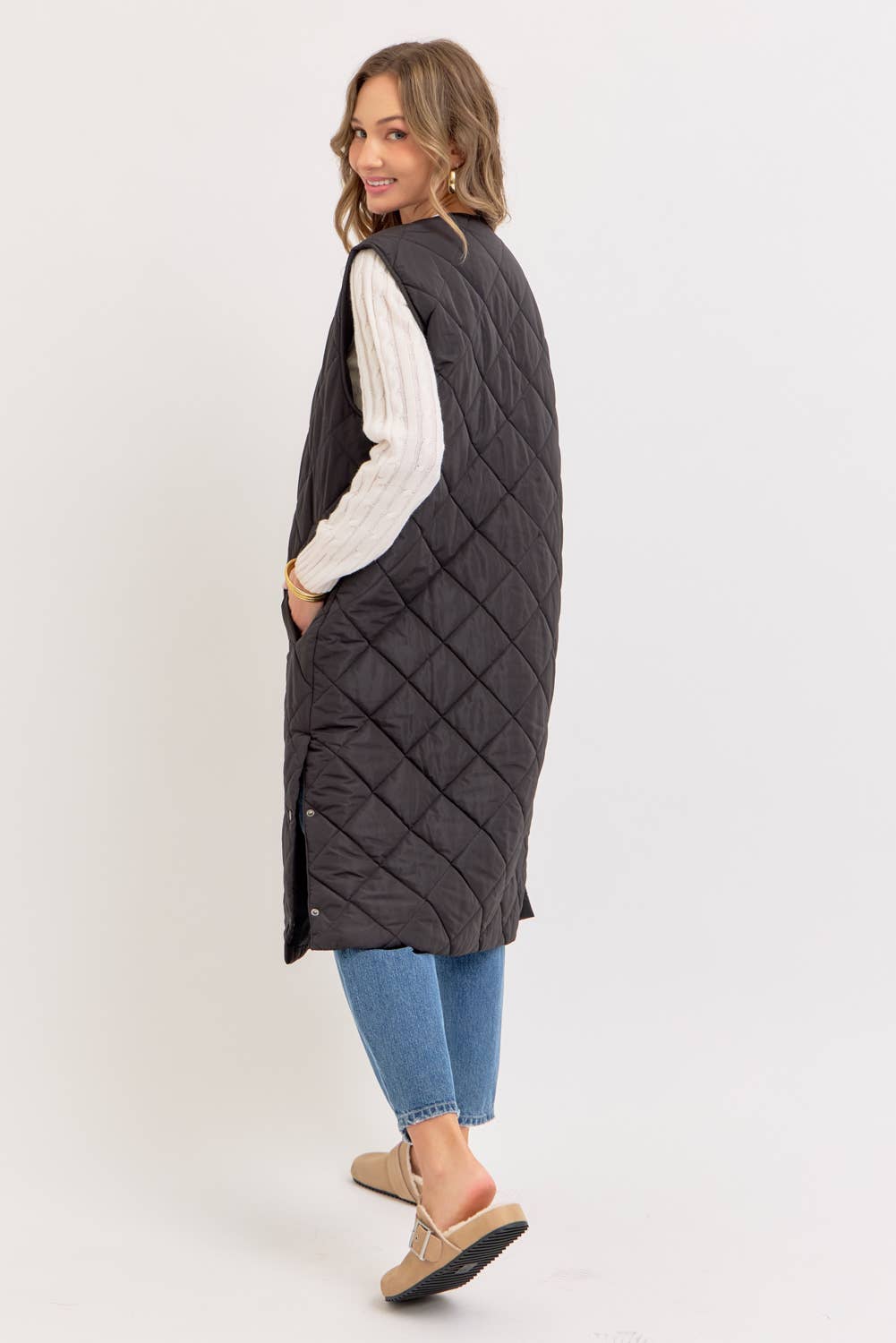 Long Puffer Vest, Diamond Quilted, Sand, Contemporary