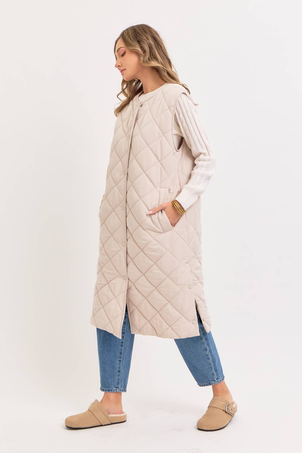 Long Puffer Vest, Diamond Quilted, Sand, Contemporary