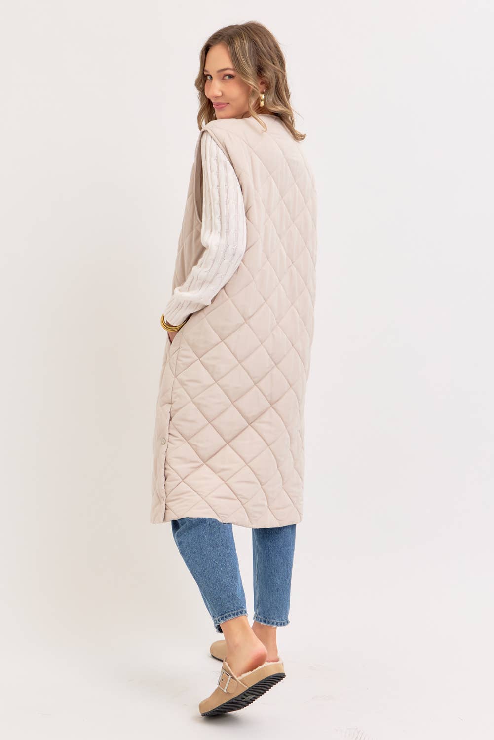 Long Puffer Vest, Diamond Quilted, Sand, Contemporary