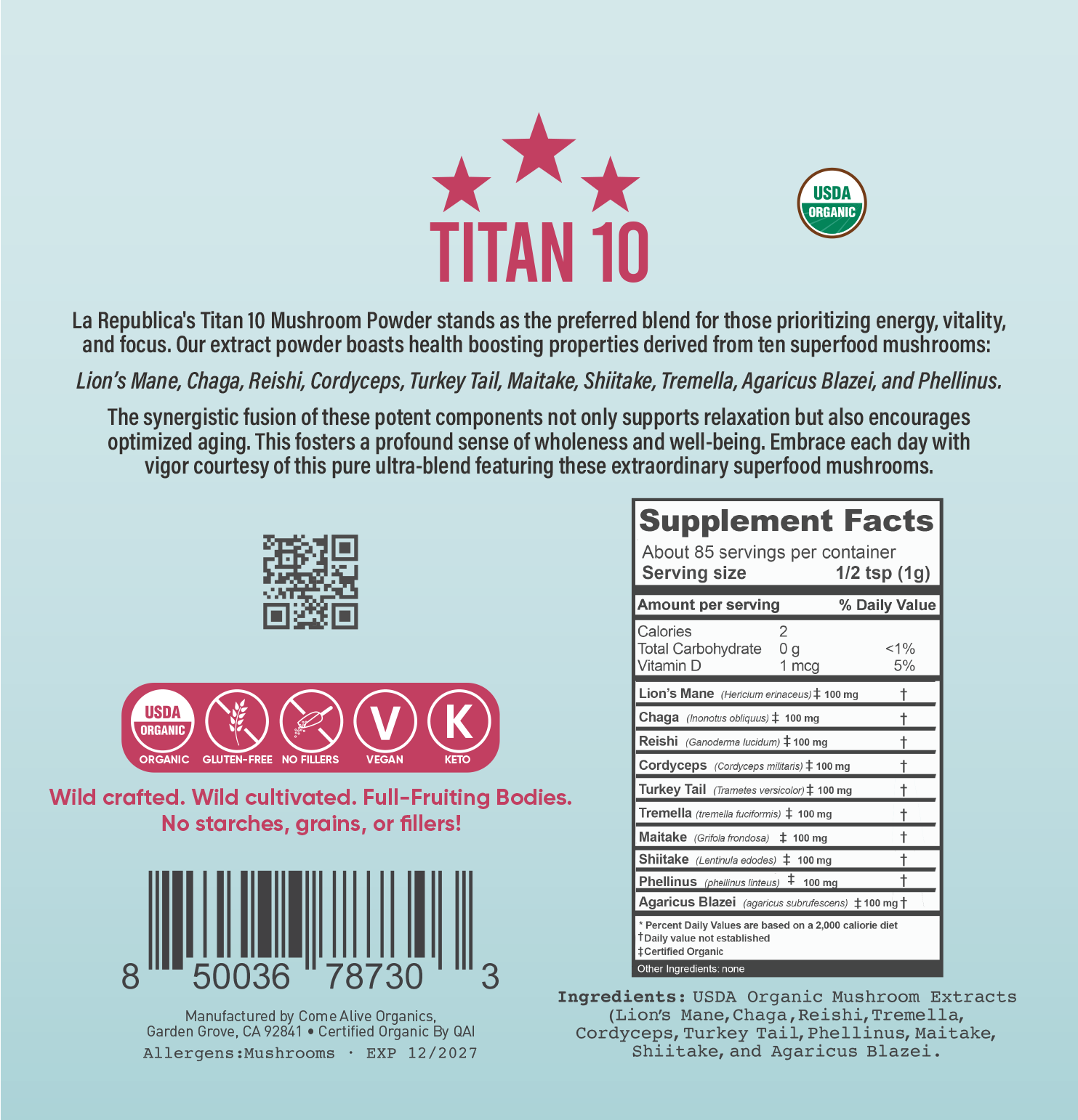 Organic Titan 10 Full-Fruiting Mushroom Powder: 3oz Bag