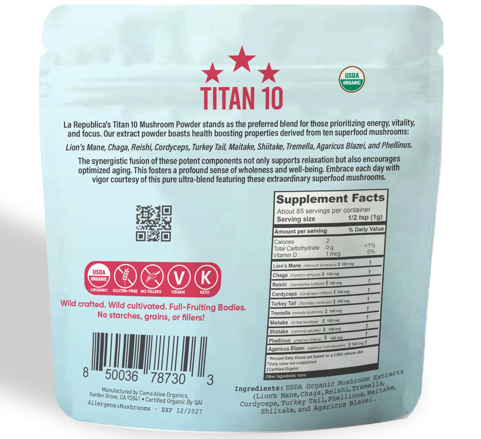 Organic Titan 10 Full-Fruiting Mushroom Powder: 3oz Bag